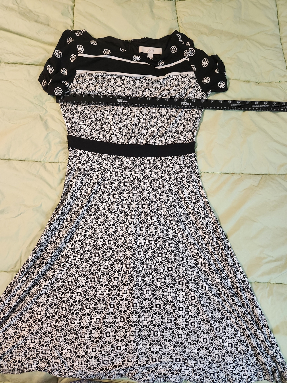 LOFT Black & White Geometric Fit-and-Flare Dress